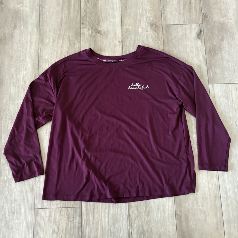 Joyspun Women's Dreamy Super Soft Top Maroon Long Sleeve Hello Beautiful Large